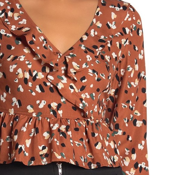 Camel Long Sleeve Ruffled V Neck Crop Blouse Top - Picture 7 of 8